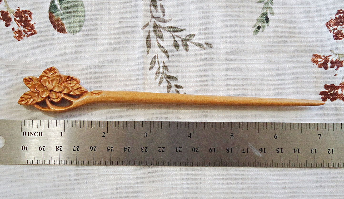 Seven Inch Sturdy Wooden Hair Sticks, Carved, Leaves, Flowers, Celtic Knots, Calla Lilies, Light Color Wood