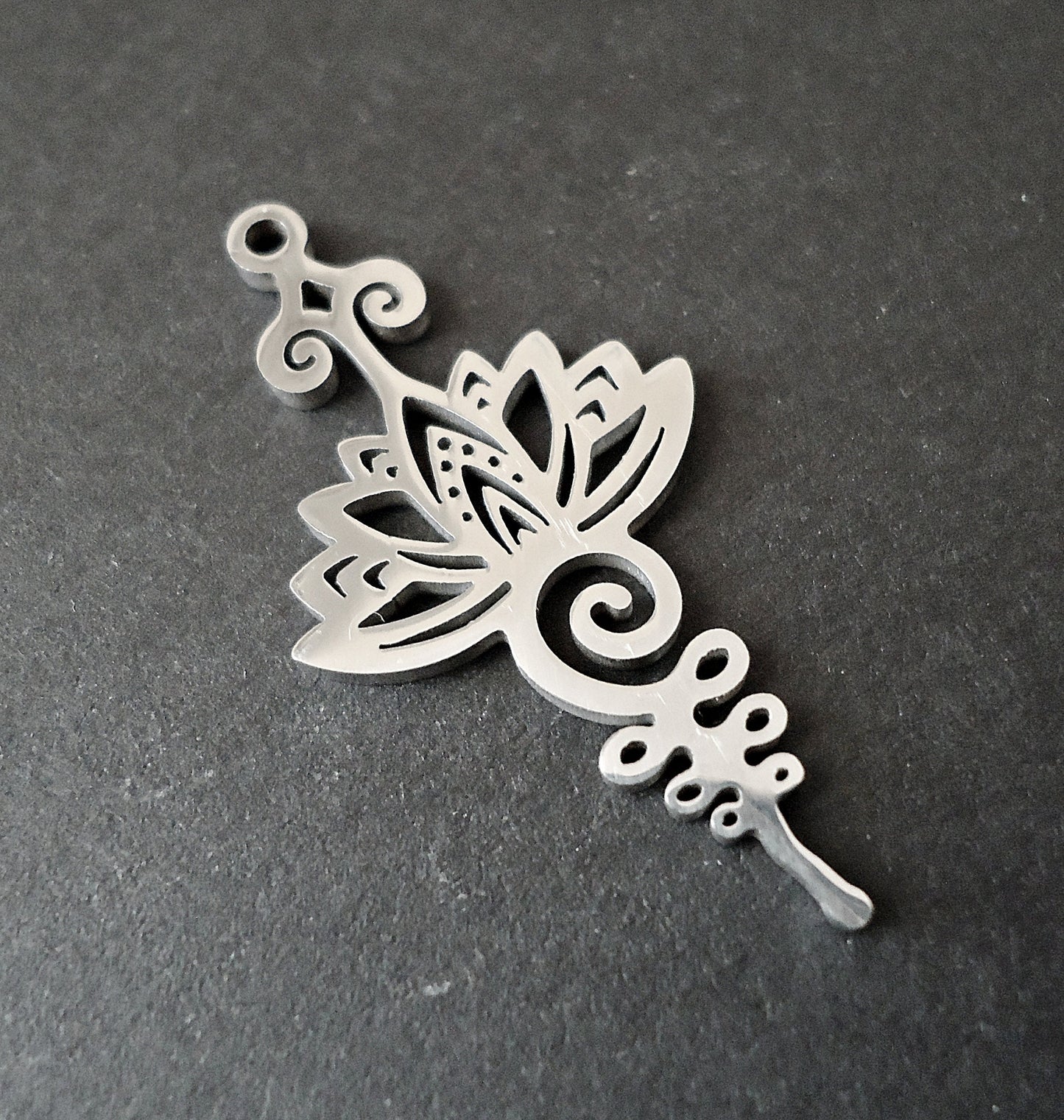 Stainless Steel Pendant, Focal Component, Long Lotus Flower, Boho, 1 3/8" Long, Silver, Hypoallergenic, Non-Tarnishing, Unalome
