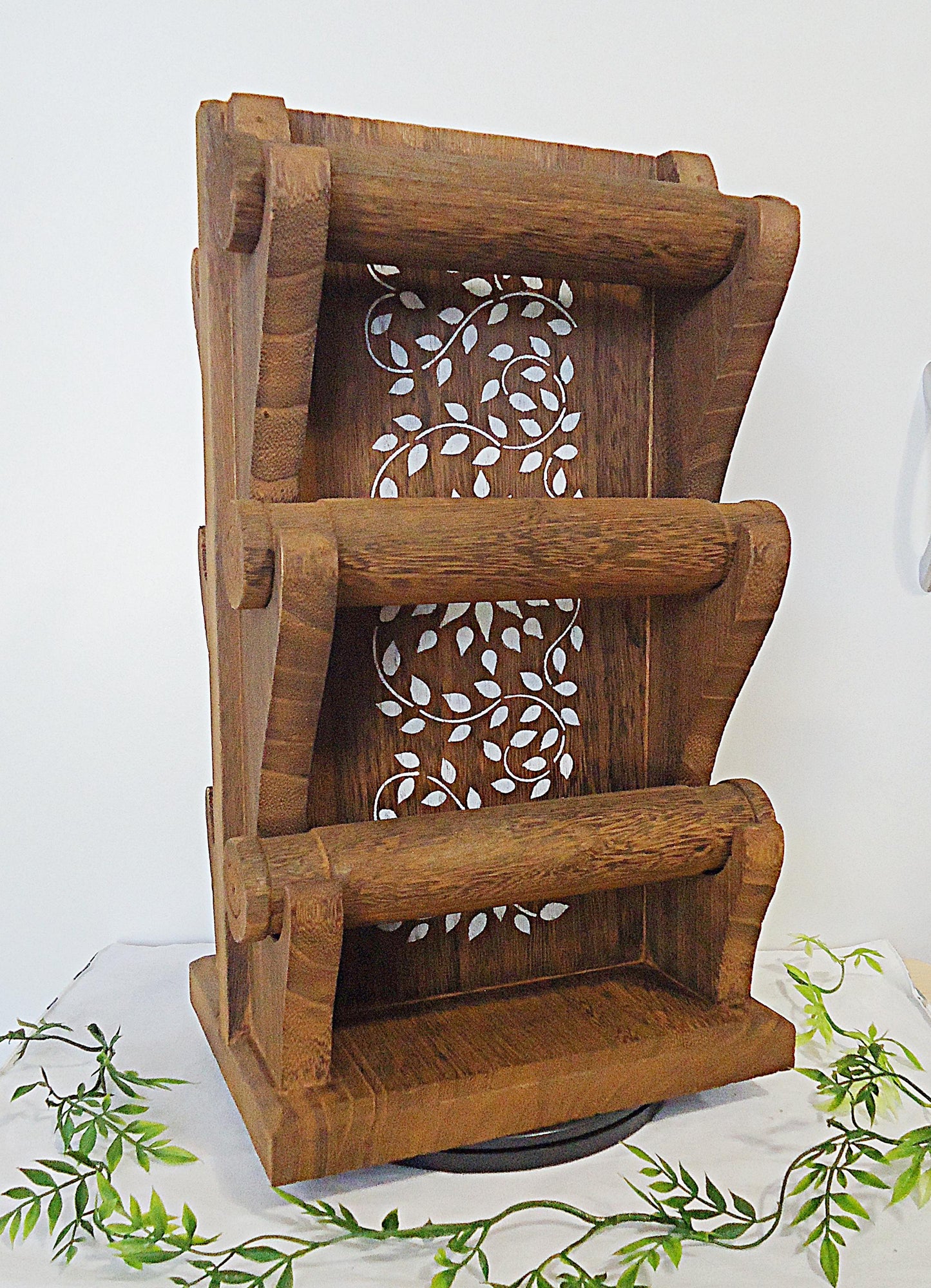 Wooden Bracelet Organizer Display, 6 Bars, Rotating, Brown, Dark Brown, or Black, Large, Double Sided, Stenciled White Vines
