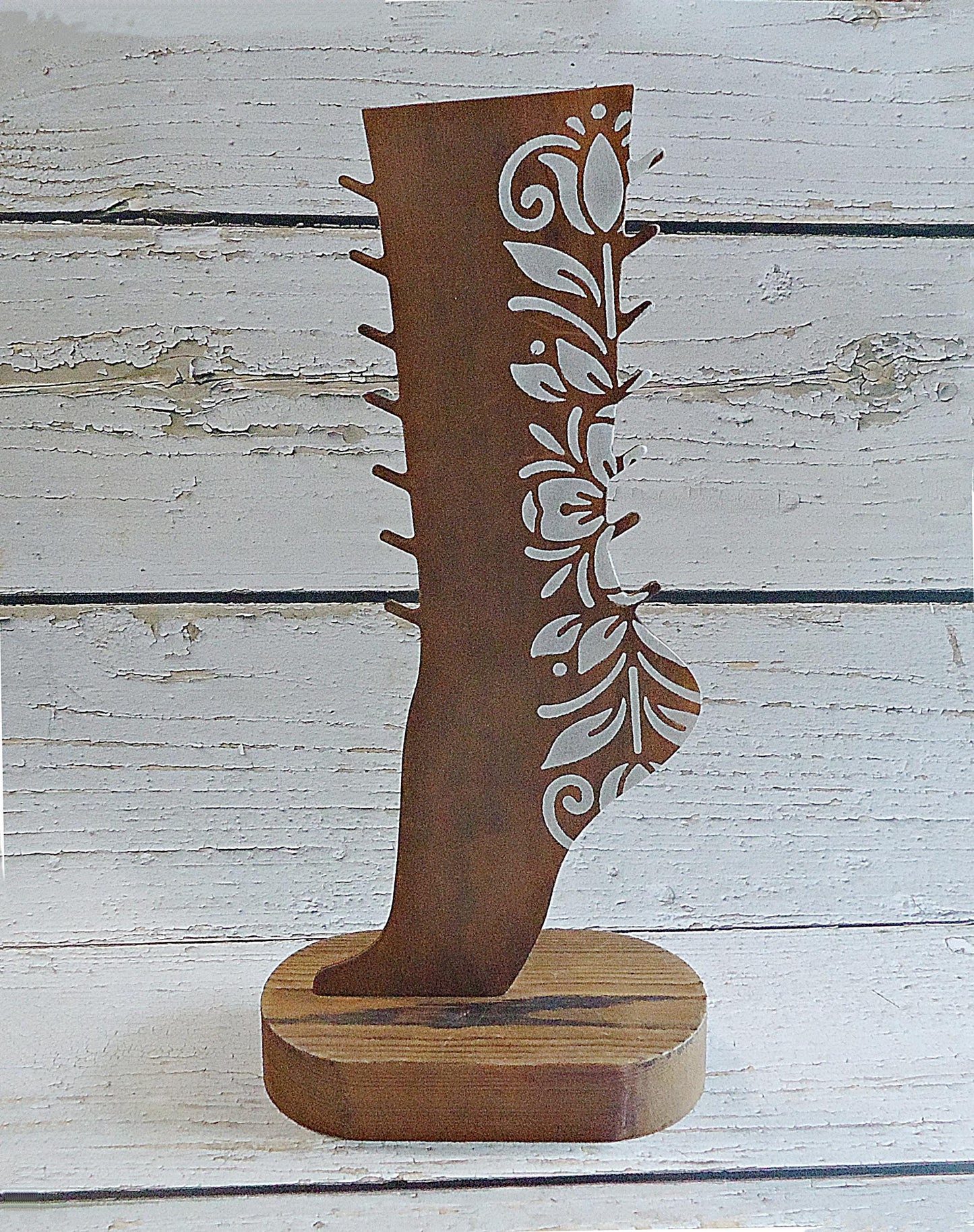 Rustic Anklet Display, Brown Wooden Foot Ankle Leg Anklet Bracelet Display, Holds 7 Anklets, Hand painted White Flowers