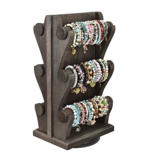 Wooden Bracelet Organizer Display, 6 Bars, Rotating, Brown, Dark Brown, or Black, Large, Double Sided, Stenciled White Vines