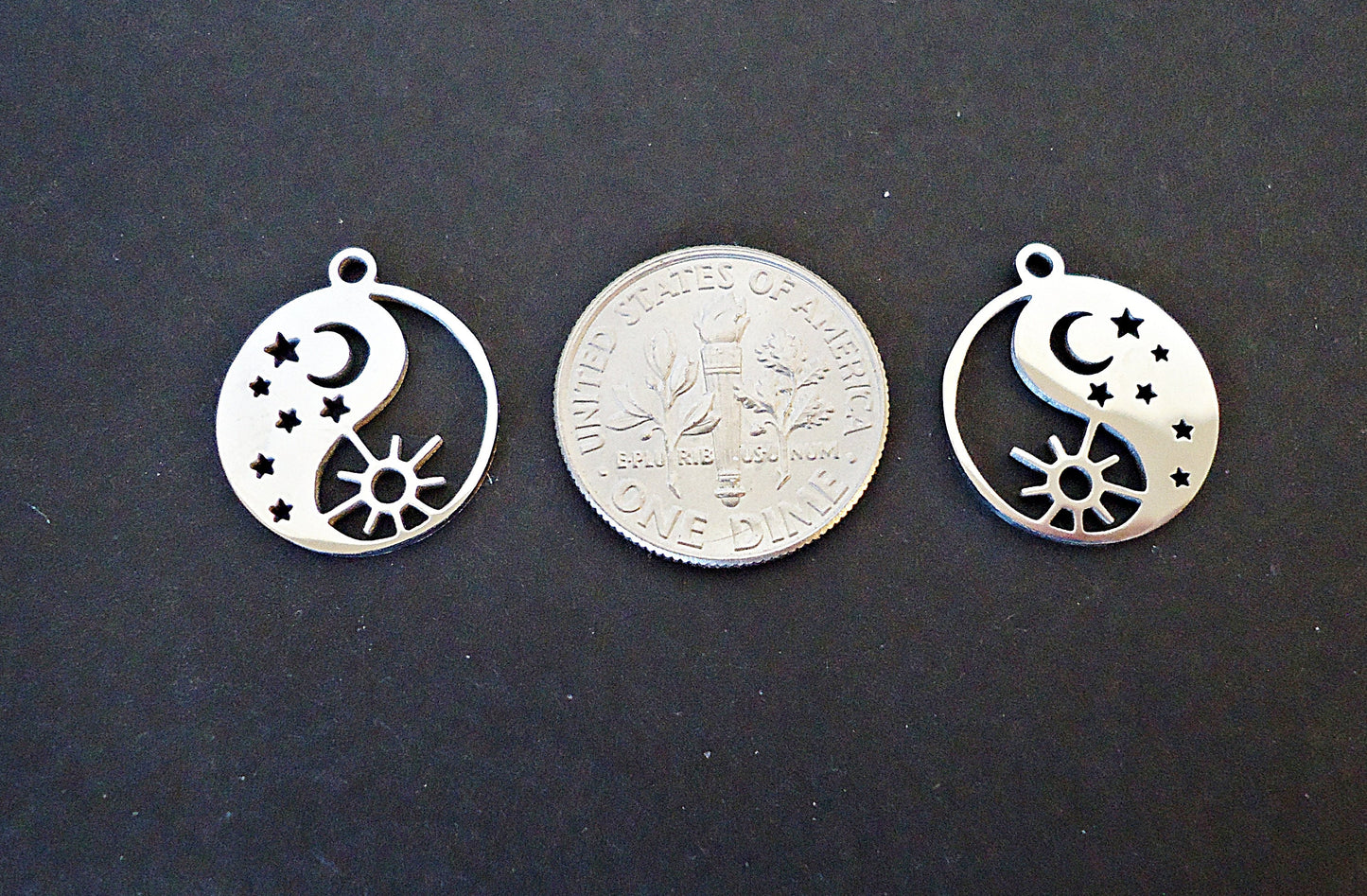 Stainless Steel Yin Yang Charm Pendant - Sun and Moon, Night and Day, Laser-cut - 15mm wide