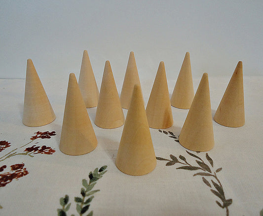 10 Unfinished Wood Ring Cones, Natural Wood, 2" Tall x 1" Wide, Set of 10