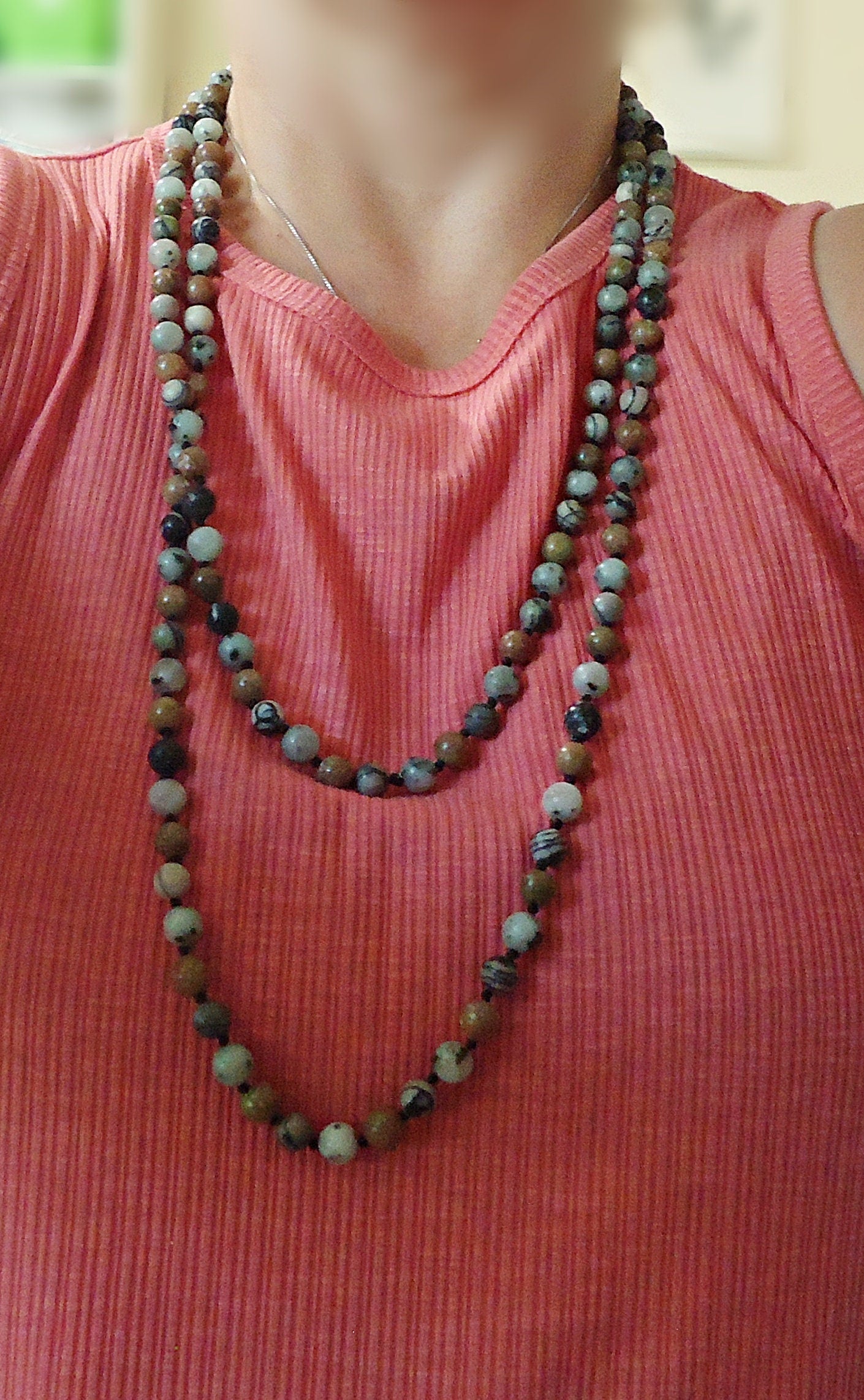 8mm Round Mixed Gemstones, 61" Strand, Black Silk Stone, Sesame Jasper, Unakite, Greens, Blacks, 153 Round Gemstone Beads