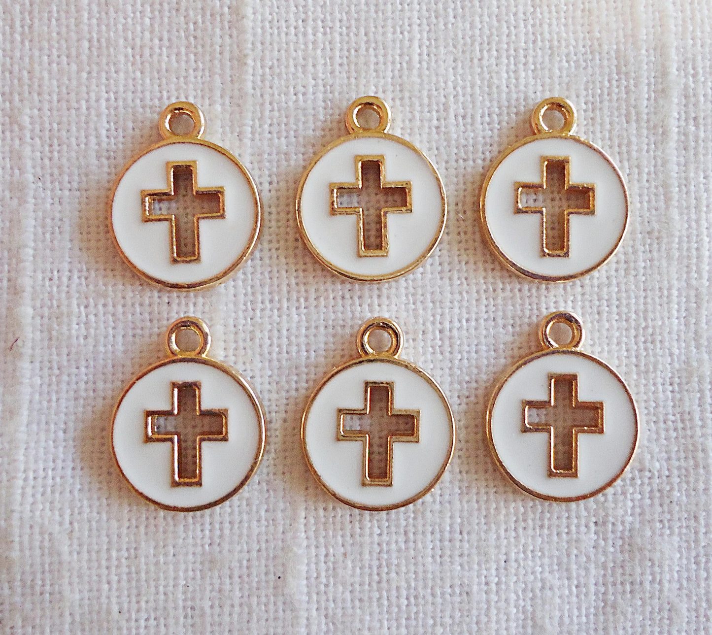 Small Round Cross Charms, Gold, Black or White Enameled, 12mm Wide