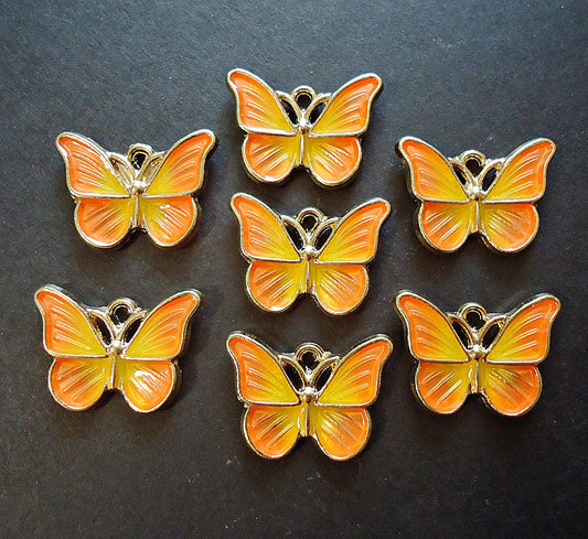 Butterfly Charms / Pendants, Orange Yellow and Gold, Enameled, 20mm x 15mm