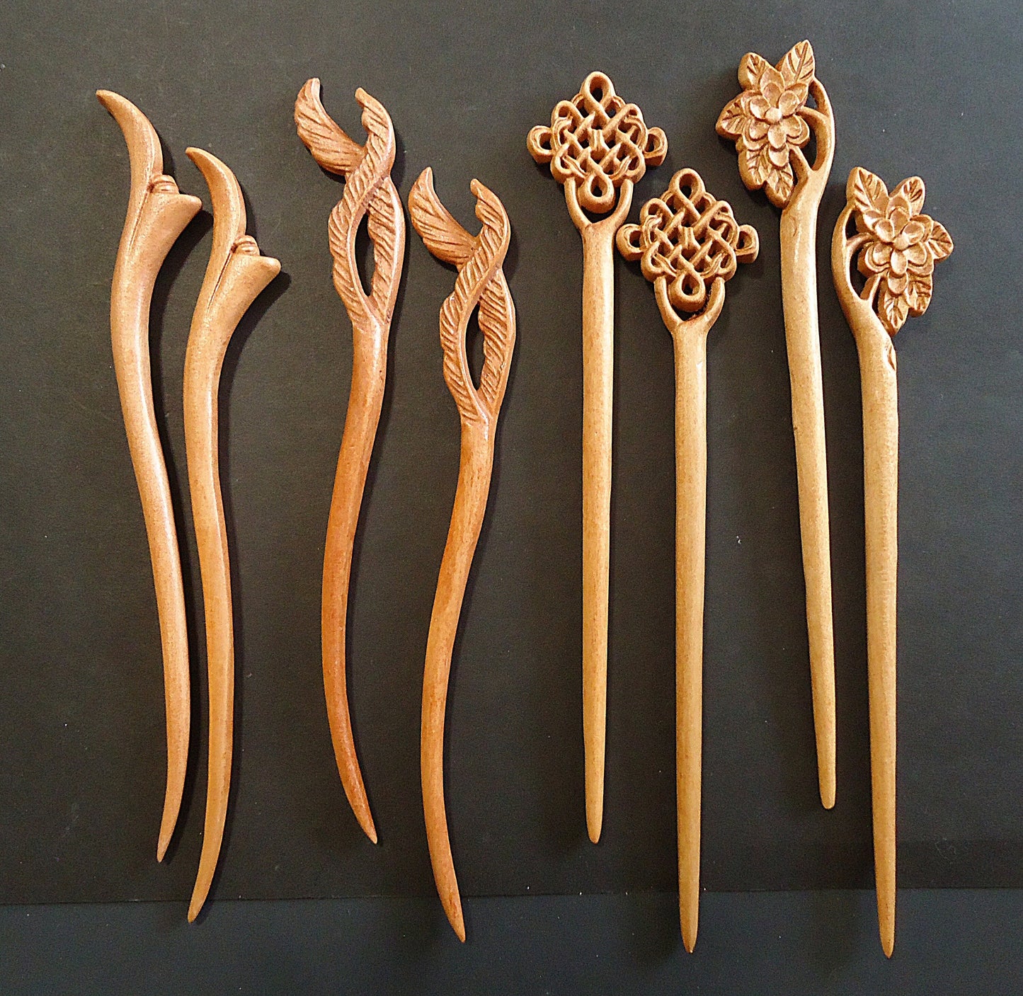 Seven Inch Sturdy Wooden Hair Sticks, Carved, Leaves, Flowers, Celtic Knots, Calla Lilies, Light Color Wood