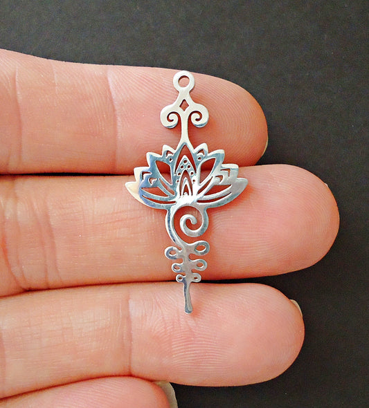 Stainless Steel Pendant, Focal Component, Long Lotus Flower, Boho, 1 3/8" Long, Silver, Hypoallergenic, Non-Tarnishing, Unalome