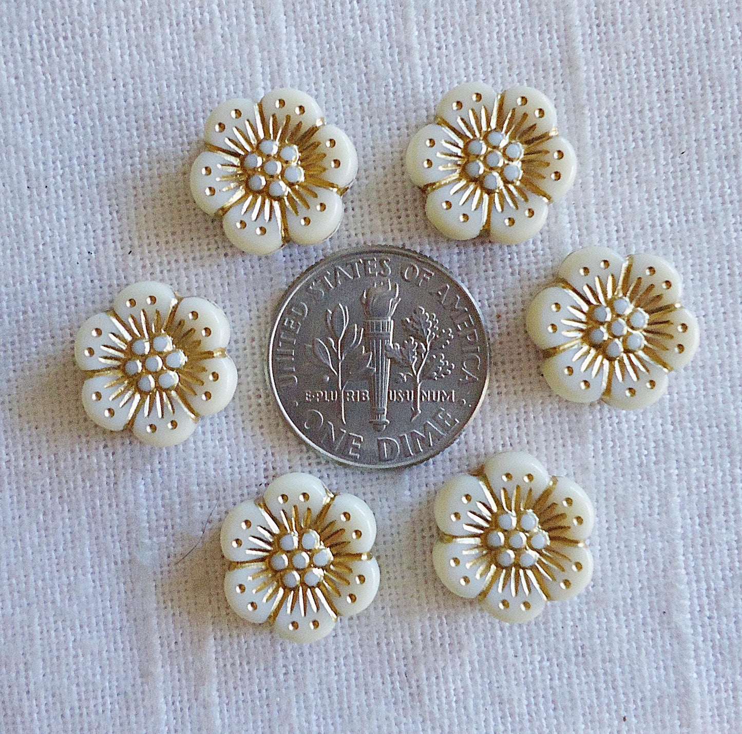 Acrylic Flower Beads, Alabaster White, Cream Colored with Gold Leaf Enlacing, Imitation Czech Glass Beads, 13mm