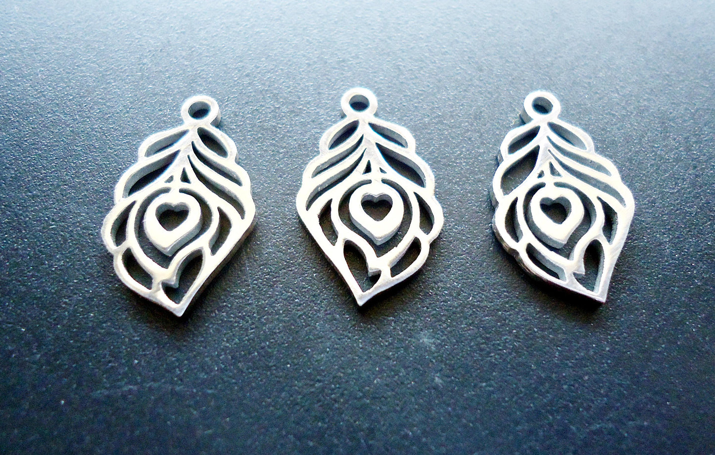 Small Stainless Steel Peacock Feather Charms - 18mm x 11mm