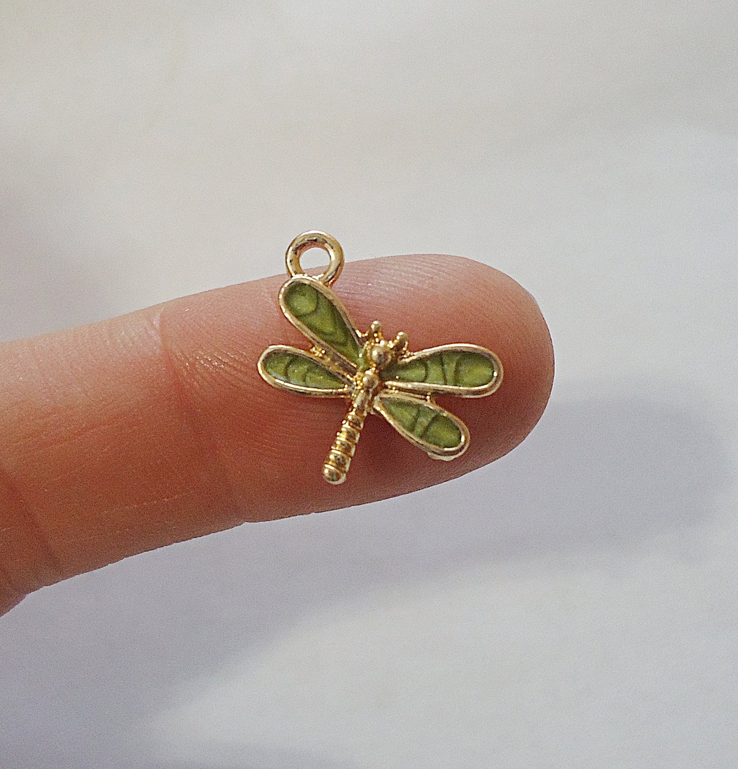 Small Dragonfly Charms, Gold and Enameled Green, 15mm, Set of 10