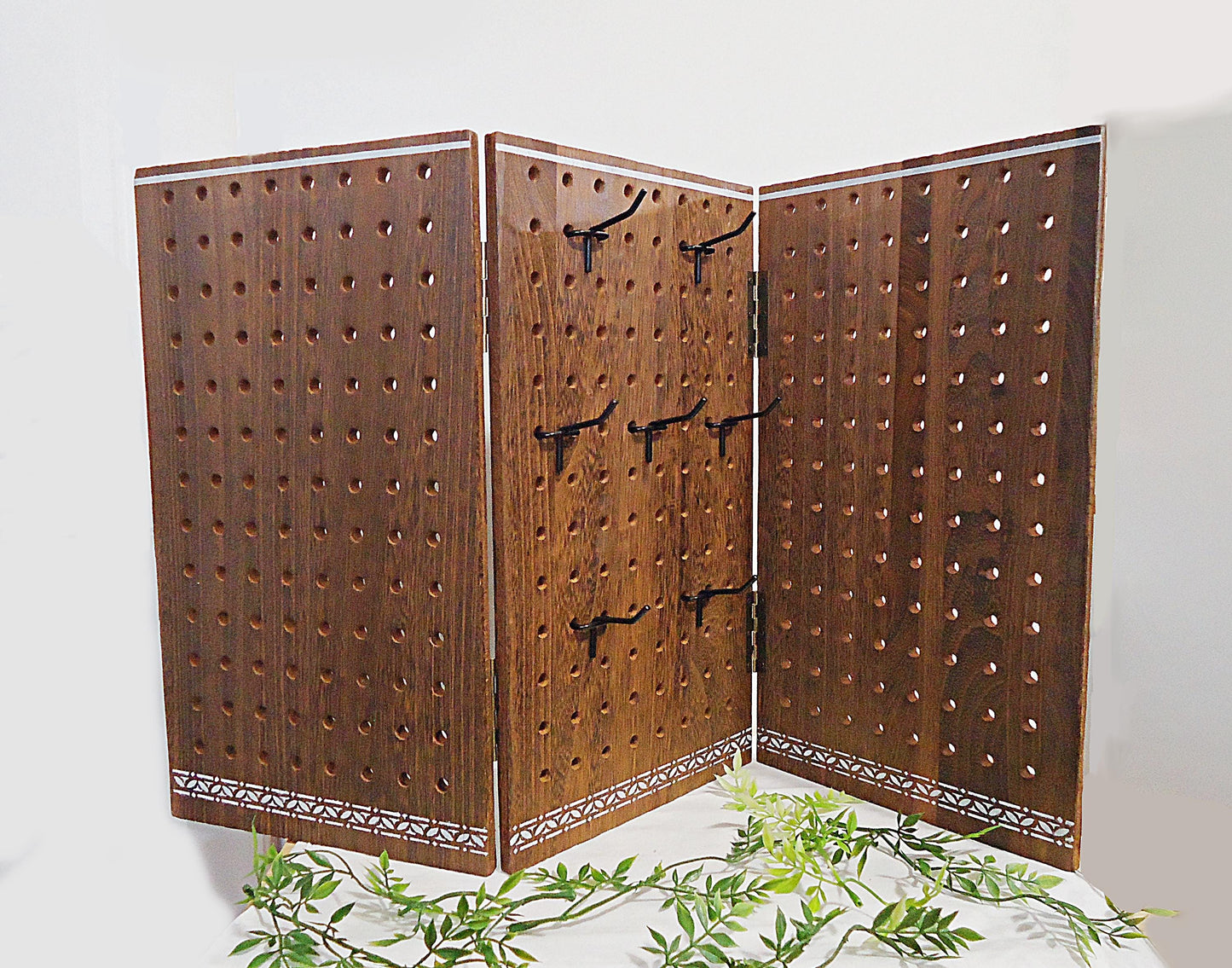 Large Heavy Duty Tri-Fold Display, Wooden, 48 Peg Hooks, Pegboard, Tabletop or Wall Mount, Jewelry, Keychain Display, 27.25" x 16"