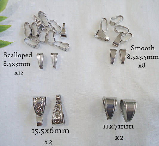 24 Stainless Steel Bails, Mixed Sizes and Styles, Snap on Bails