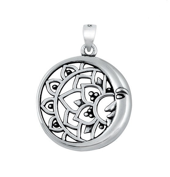 Sterling Silver Mandala Crescent Moon Pendant, Bali Style, 22mm Round, Soldered Bail