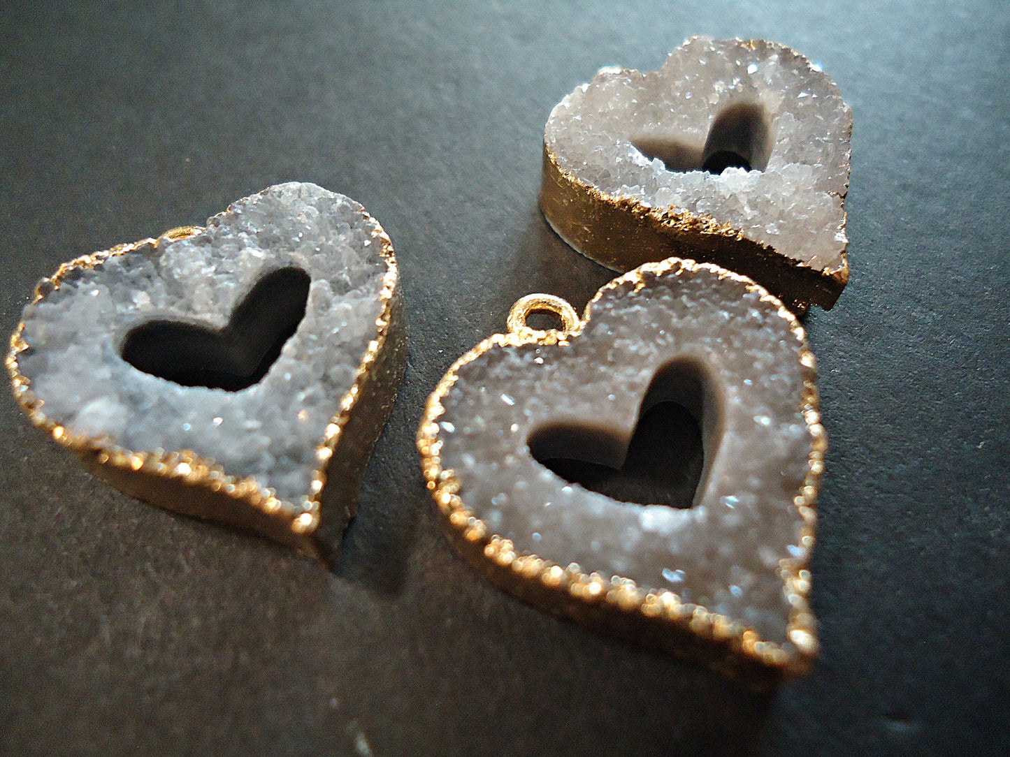 Natural Druzy Heart Pendant, Gold Trim, Cut Stone, Gray