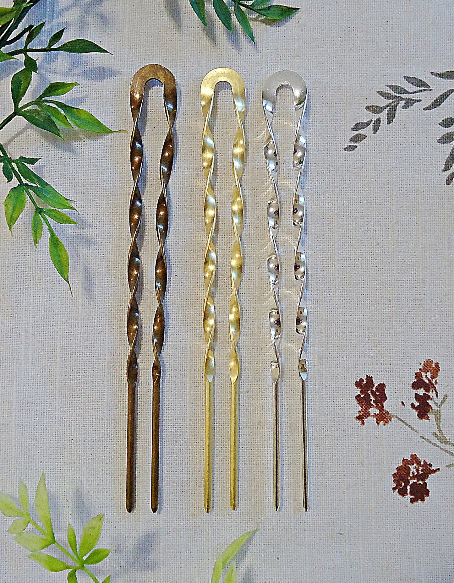Hair Pin, Double Hair Stick, Twisted Metal U-pin, Silver, Gold, Antique Bronze, 5.75" Long