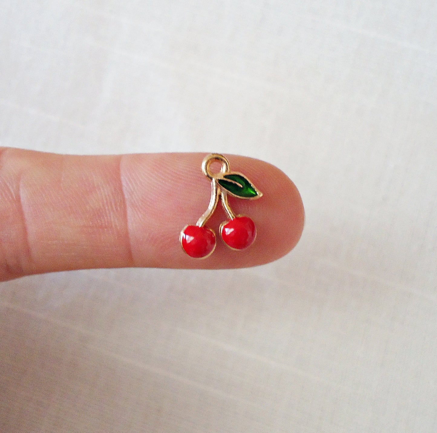 Small Red Cherry Charms, Red Enameled and Light Gold, 1/2" Tall, Set of 10