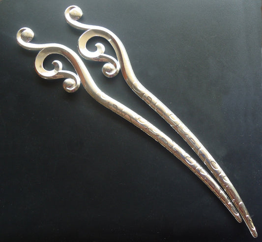 Metal Hair Sticks with Large Swirls - Bright Silver - 6.25" Long