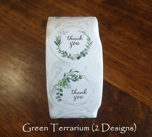 500 Stickers, 'Thank You', Green Terrarium, 1 inch Wide, Packaging, Labels