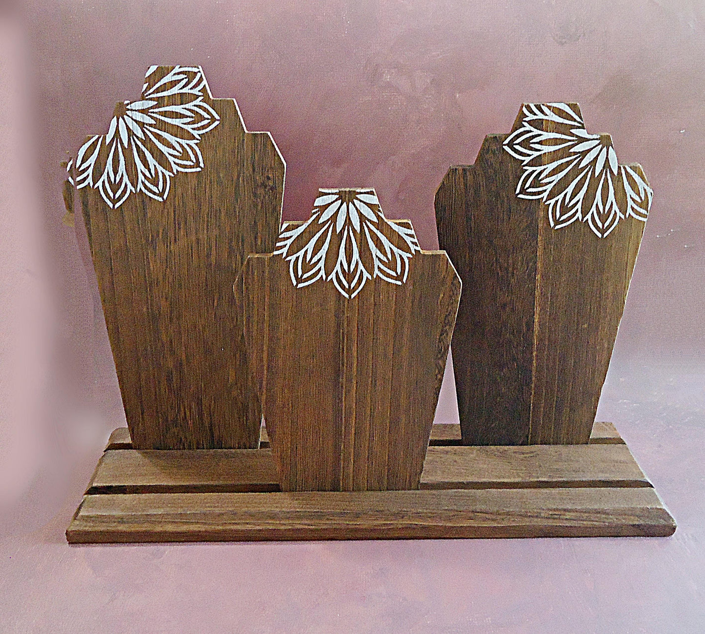 Set of 3 Wooden Necklace Displays with Base Board - 17" Wide, 12" Tall, 11" Tall, 9" Tall, Brown Finish, White Flower Stencil