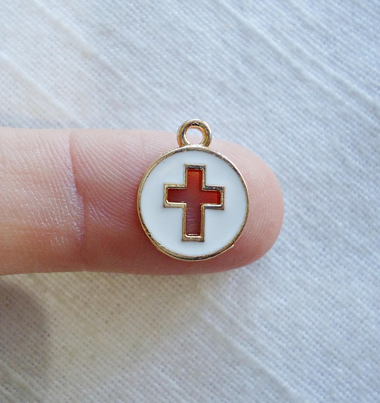Small Round Cross Charms, Gold, Black or White Enameled, 12mm Wide