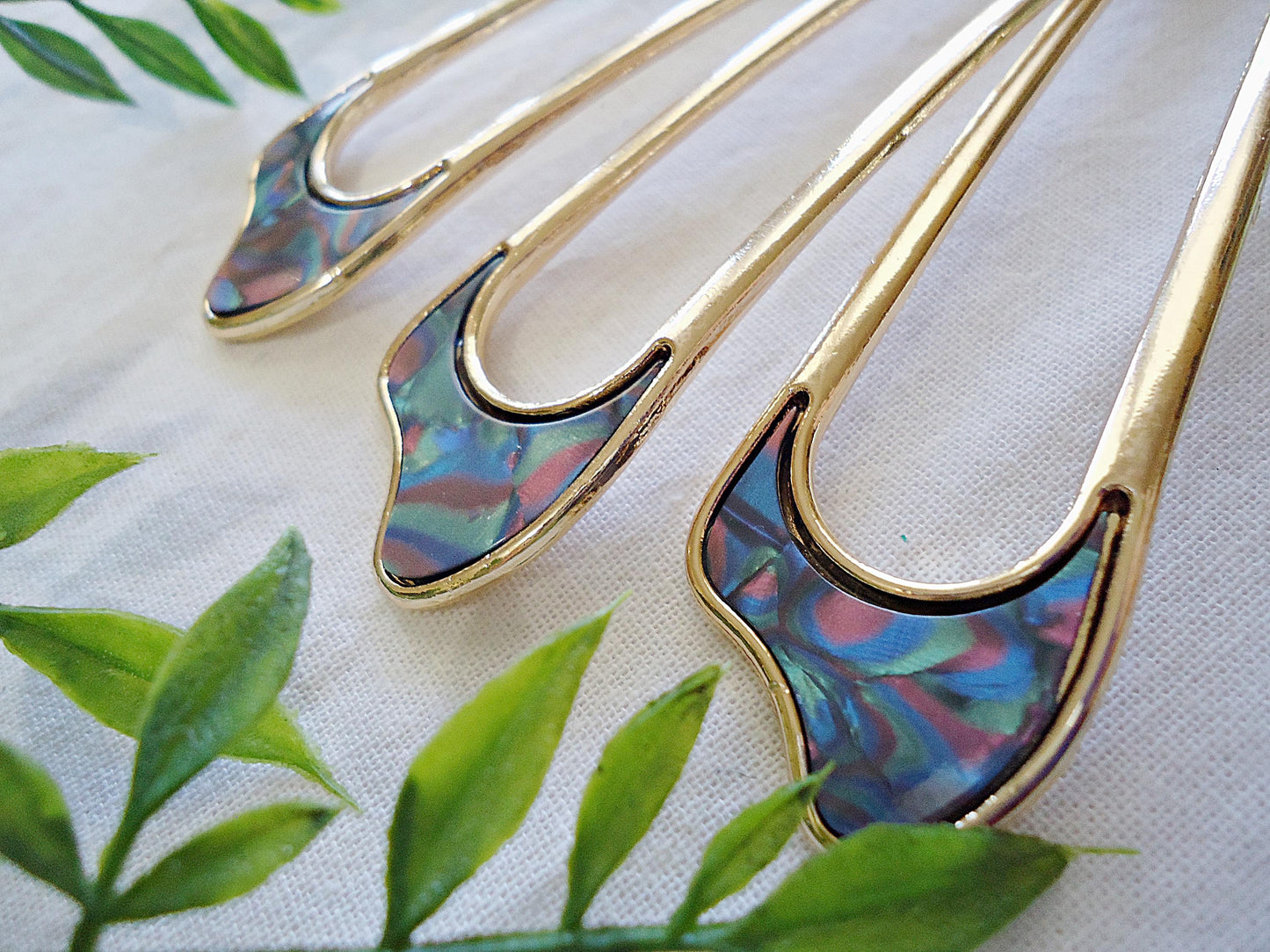 Abalone Double Hair Stick, Hair Fork, Gold, Metal Alloy, Wavy or Horseshoe Shape, 4" and 4.25" Long