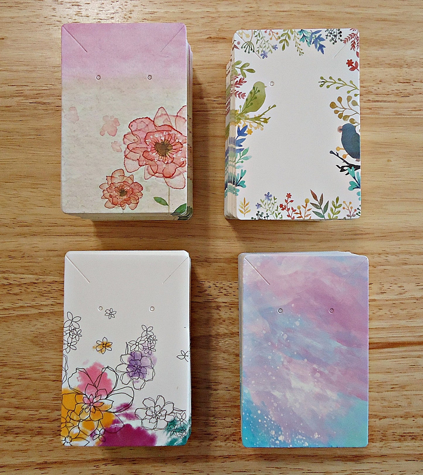 100 Necklace & Earring Paper Display Cards and Bags, Watercolor, Sketches, Flowers, and Birds, 9x6cm, Resealable or Zipper Bags