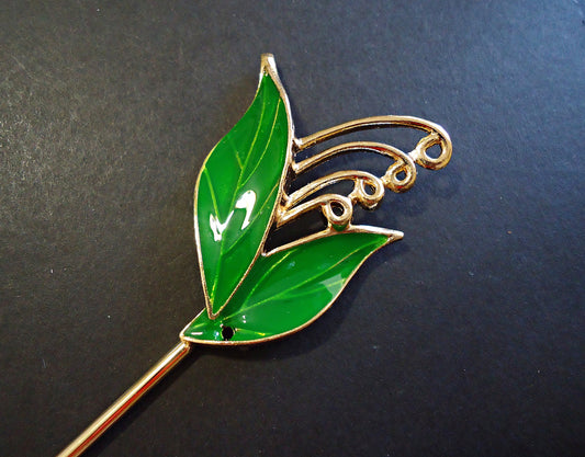 Hair Stick, Shawl Pin, Gold Plated and Green Enameled Leaves, 6.5" Long, Hair Pin Blank