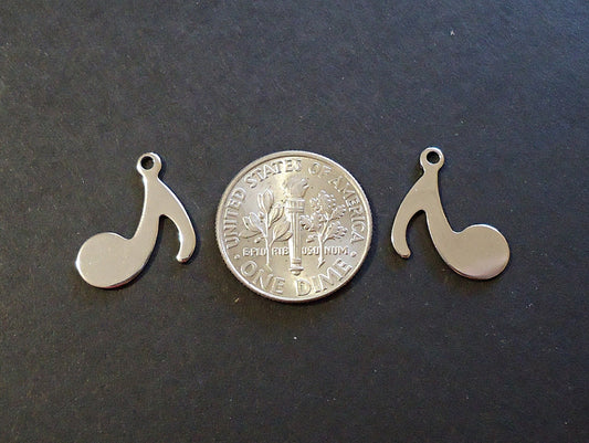 Small Stainless Steel Eighth Note Music Charms, 17mm Tall, Set of 10