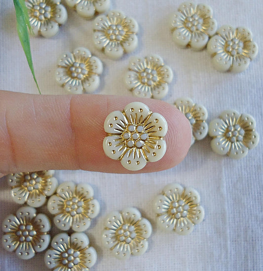 Acrylic Flower Beads, Alabaster White, Cream Colored with Gold Leaf Enlacing, Imitation Czech Glass Beads, 13mm