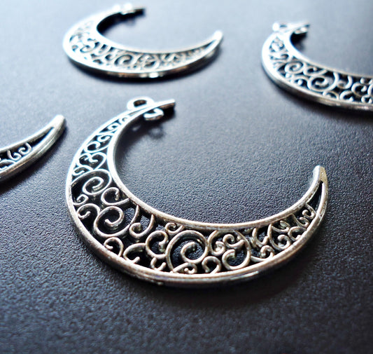 Large Crescent Moon Pendants with 2 Loops - Antique Silver - 1.5" Tall