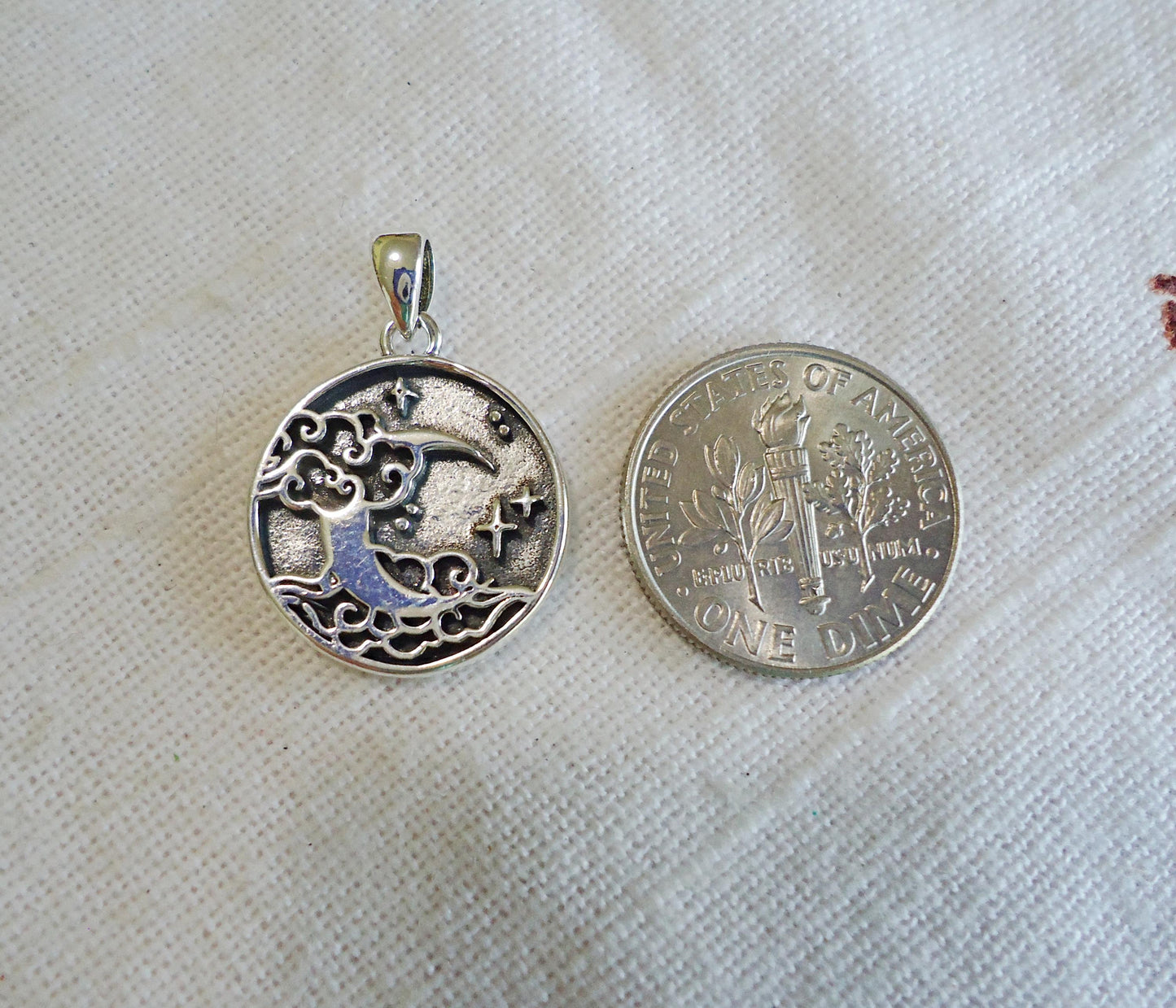 Small Sterling Silver Moon and Clouds Pendant, Soldered Bail