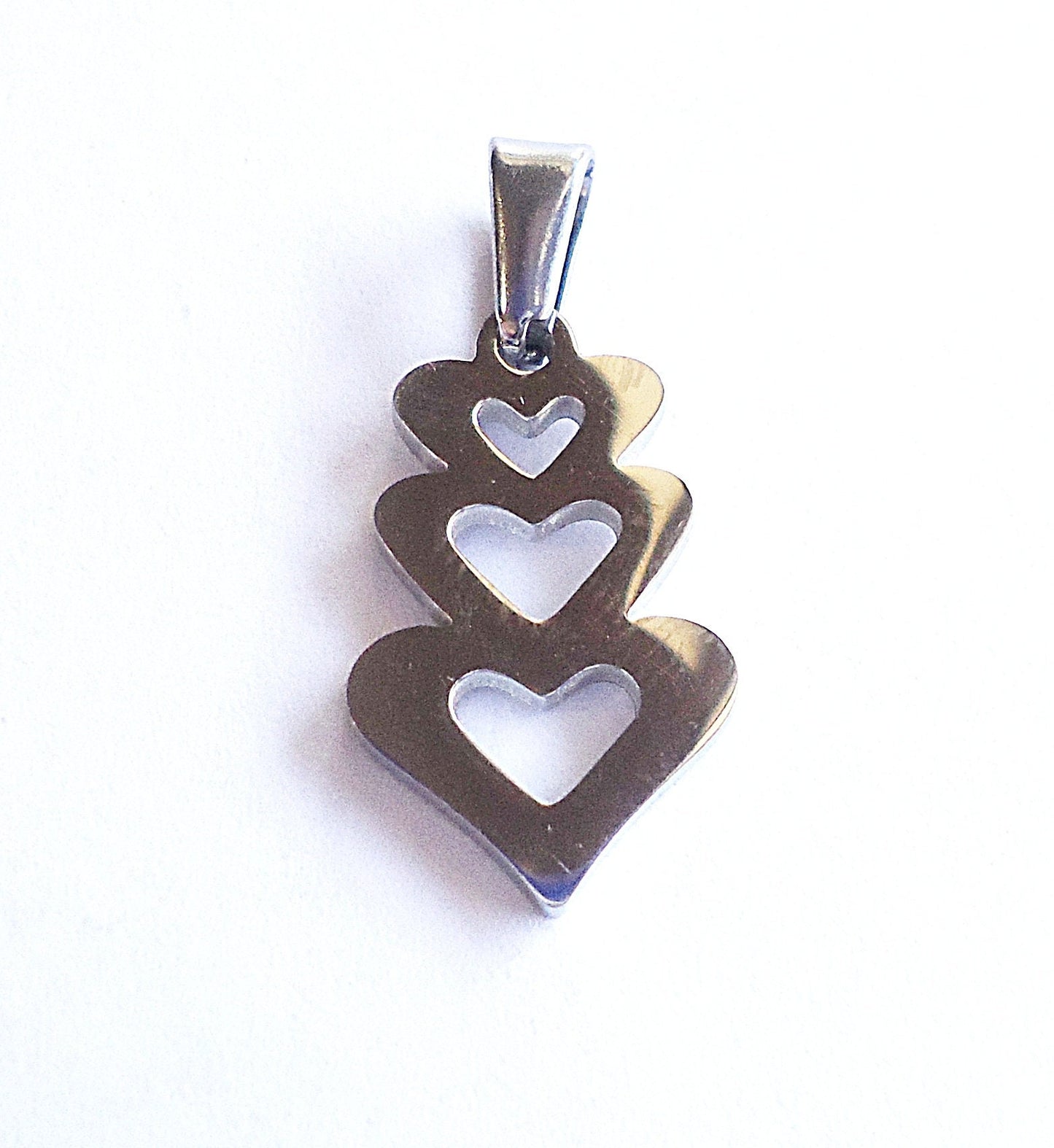 Small Stainless Steel Stacked Hearts Pendant with Bail - 23mm x 11mm