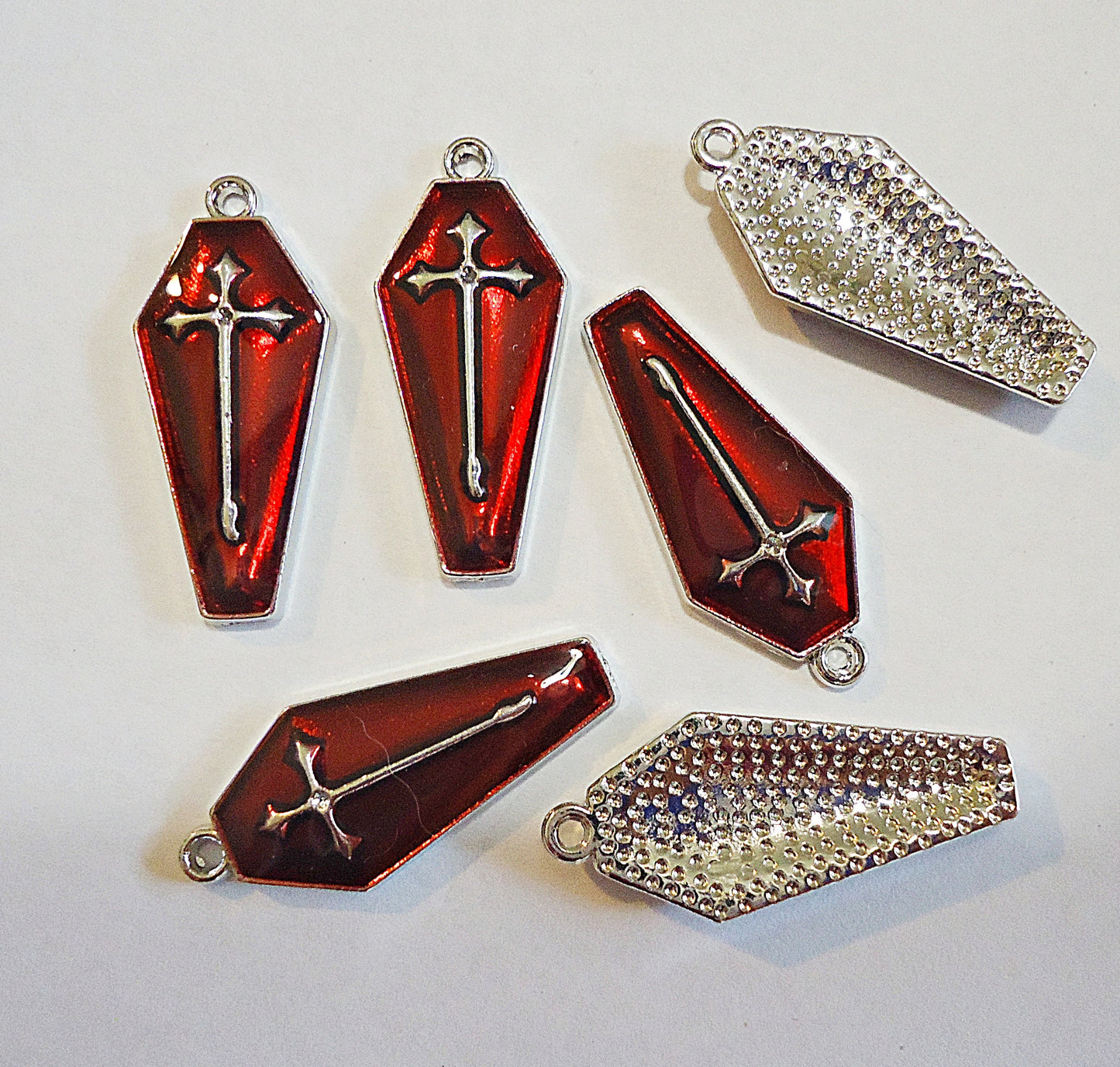 Coffin Charms / Pendants, Enameled Red and Silver or Gold, 26mm Tall, Halloween Theme, Set of 5