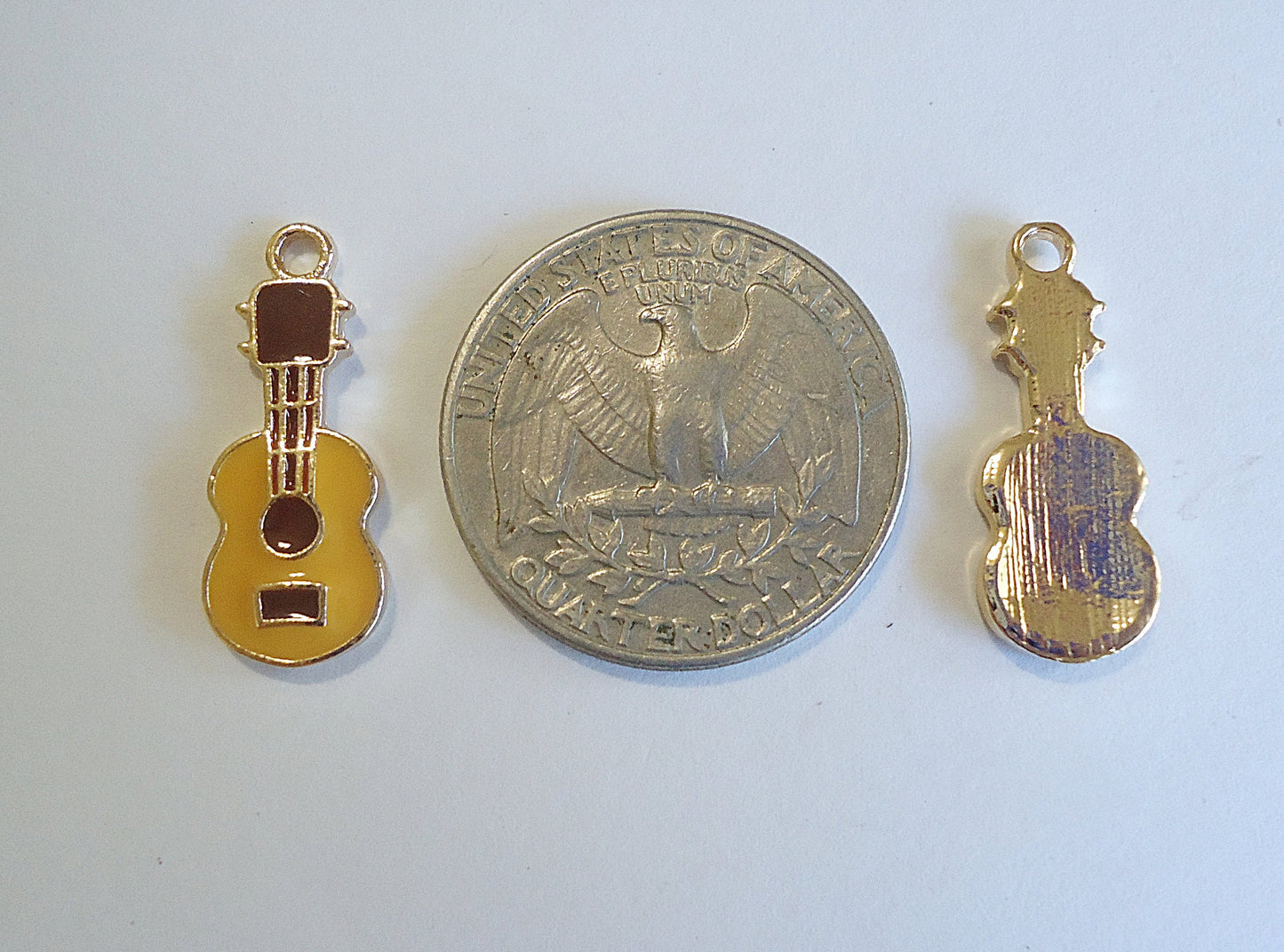 Guitar Pendant Charms, Enameled, Light Gold, 23mm Tall x 9mm Wide, Set of 10