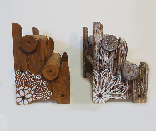 2 Tier Wooden Bracelet Display / Organizer, Natural, Brown, Weathered Brown, White Removable Bars, Plain or Hand-Painted Mandala or Flower