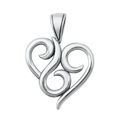 Sterling Silver Swirly Heart Pendant, 1 Inch Tall with Integrated Bail
