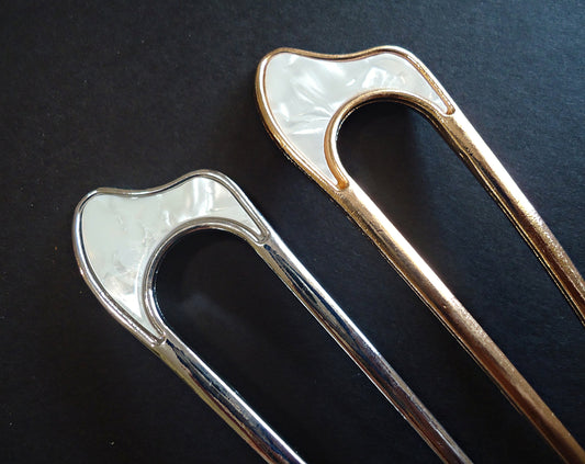 Mother of Pearl Double Hair Stick, Hair Fork, Silver or Gold Plated Metal Alloy, 4.25" Long