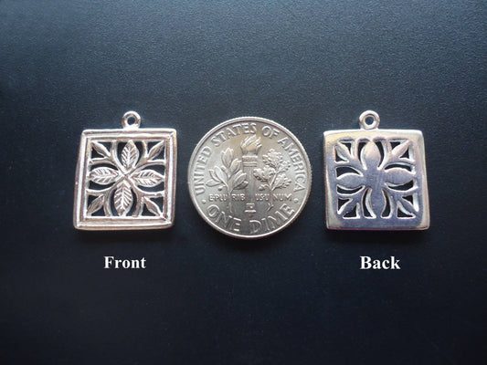 Sterling Silver Square Flower Pendant / Charm - 14mm Square