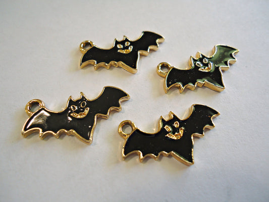 Small Black Bat Charms, Black Enamel and Gold Plating, Set of 10