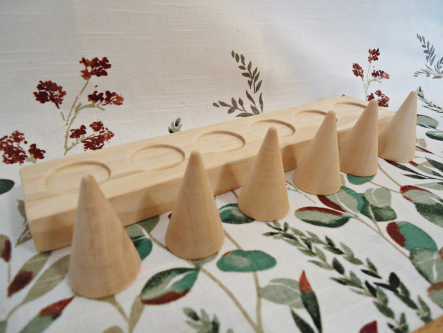 Set of 6 Wood Ring Cones with Base, Natural Unfinished Wood