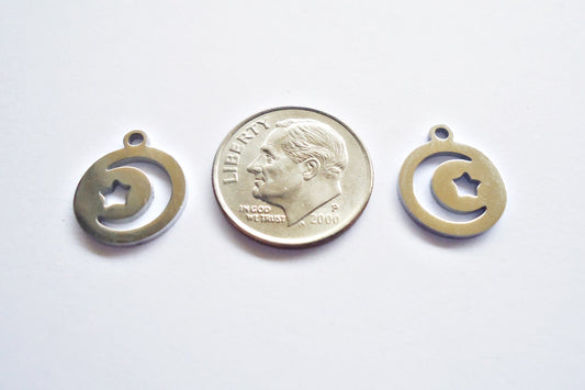 Small Stainless Steel Moon and Star Round Charms - 14mm x 12mm - Sets of 10