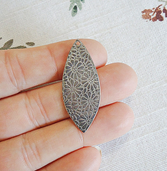 Stainless Steel Marquise Drops, 1.5 " Tall x 5/8" Wide, Stamped Floral Design, Pendant, Silver, Set of 2