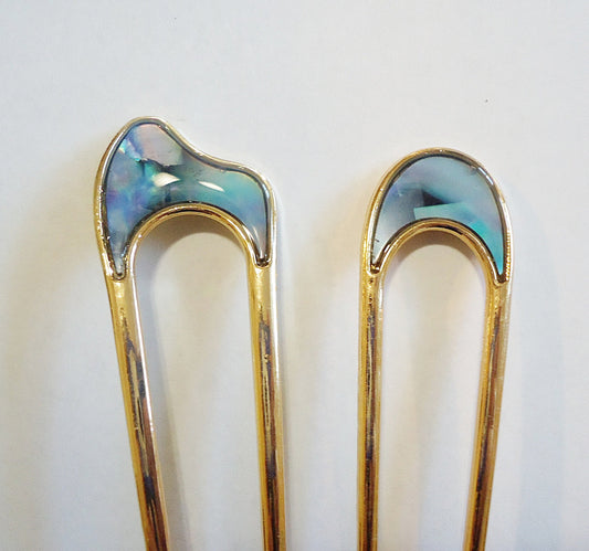 Abalone Double Hair Stick, Hair Fork, Gold, Metal Alloy, Wavy or Horseshoe Shape, 4" and 4.25" Long
