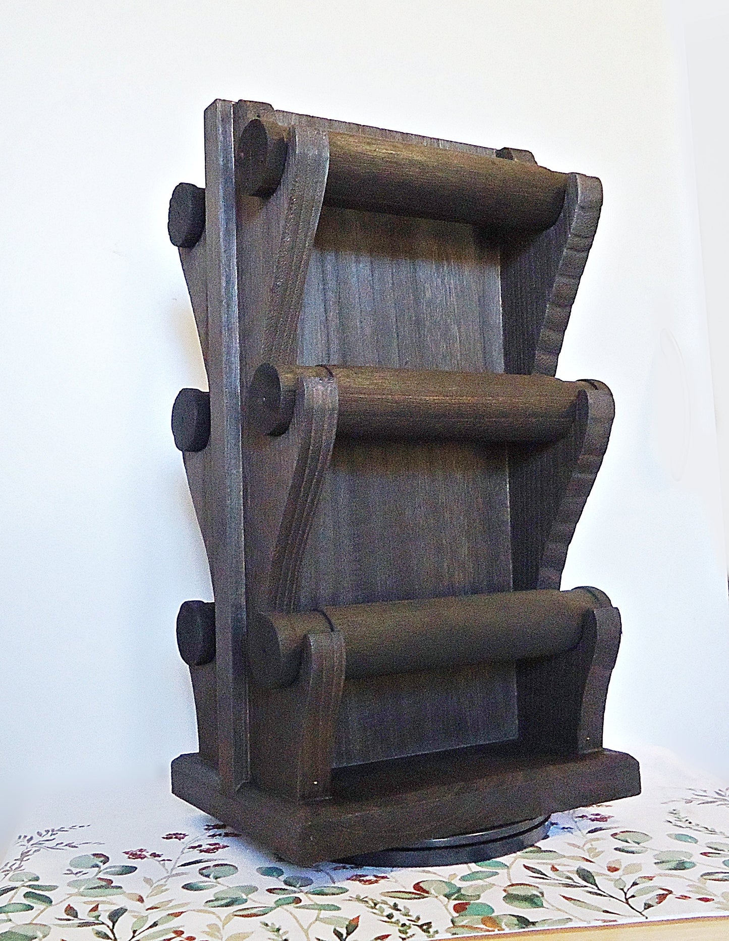 Wooden Bracelet Organizer Display, 6 Bars, Rotating, Brown, Dark Brown, or Black, Large, Double Sided, Stenciled White Vines