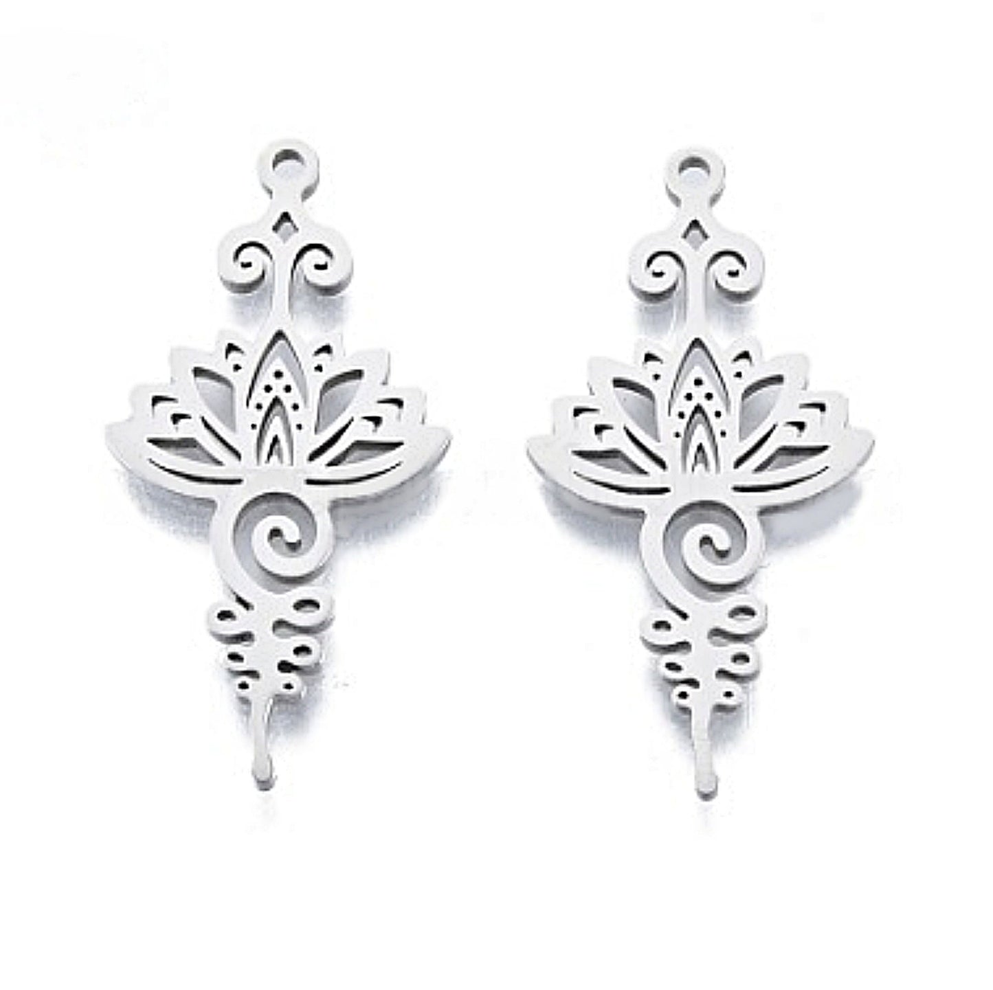 Stainless Steel Pendant, Focal Component, Long Lotus Flower, Boho, 1 3/8" Long, Silver, Hypoallergenic, Non-Tarnishing, Unalome