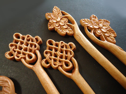 Seven Inch Sturdy Wooden Hair Sticks, Carved, Leaves, Flowers, Celtic Knots, Calla Lilies, Light Color Wood