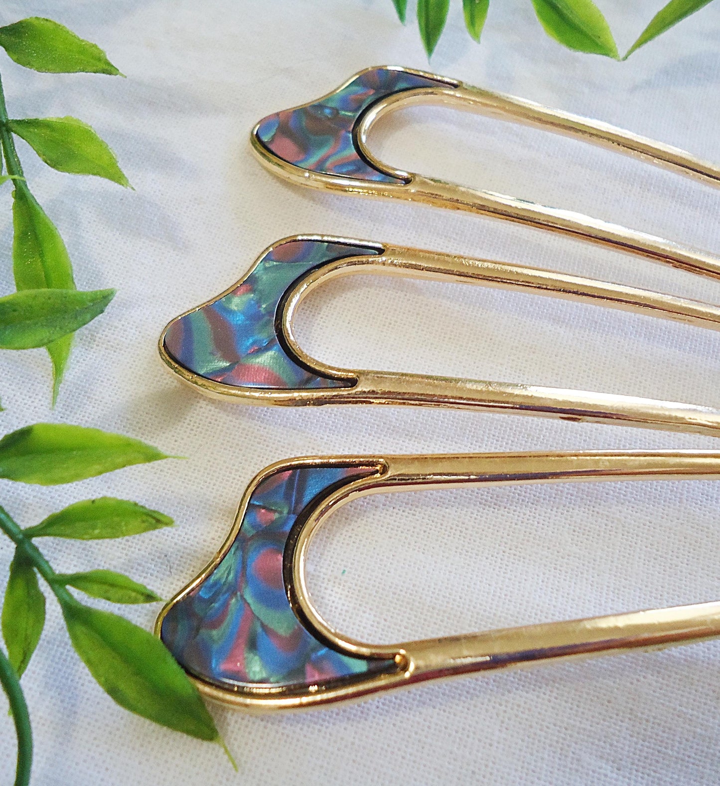 Abalone Double Hair Stick, Hair Fork, Gold, Metal Alloy, Wavy or Horseshoe Shape, 4" and 4.25" Long