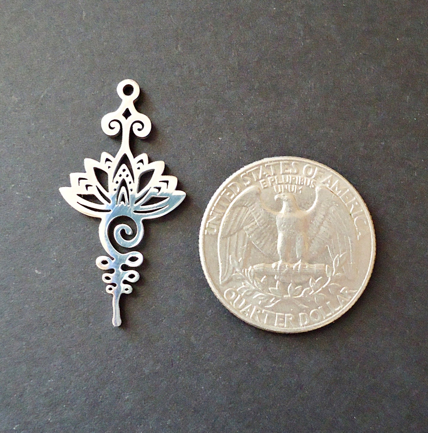 Stainless Steel Pendant, Focal Component, Long Lotus Flower, Boho, 1 3/8" Long, Silver, Hypoallergenic, Non-Tarnishing, Unalome
