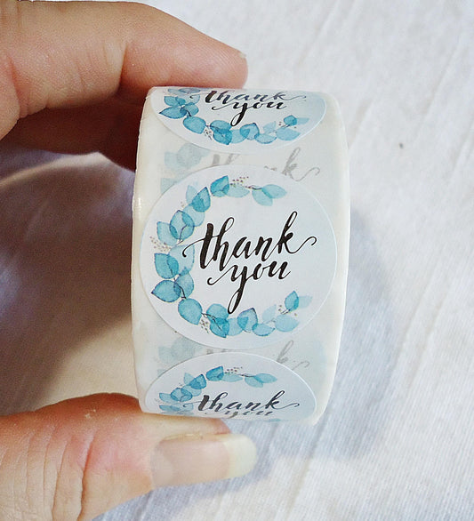 Stickers, 'Thank You', Blue Leaves, Cursive Writing, 1 inch Wide, Packaging, Labels, Bulk quantities, Nature Thank You Stickers